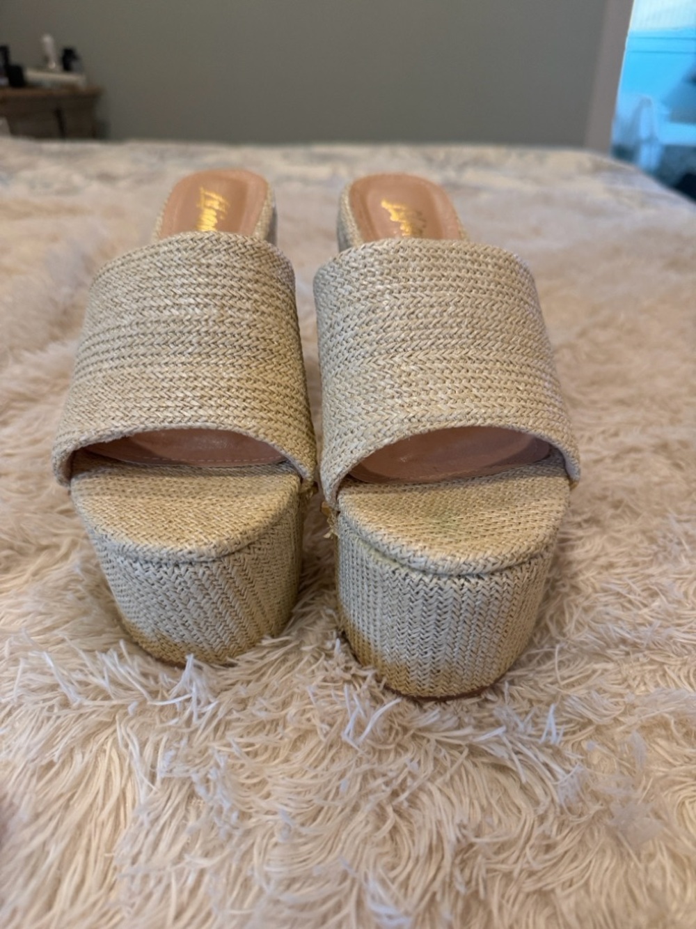 Natural Woven Platform Slide Sandals - Neutral Beige